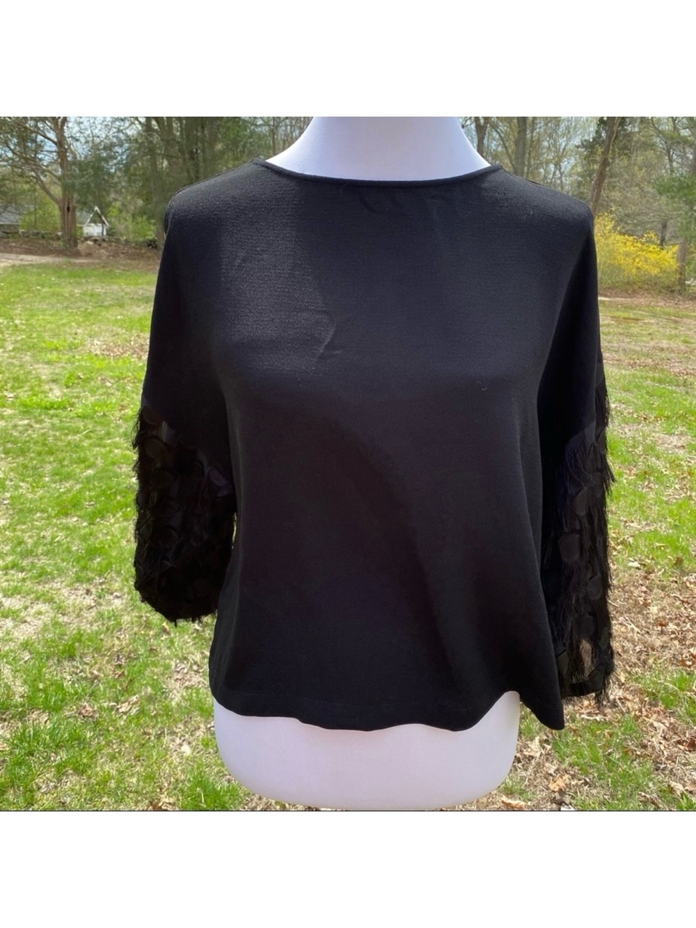 H&M TOP BLOUSE BLACK BOHO FRINGE SLEEVES SIZE 6